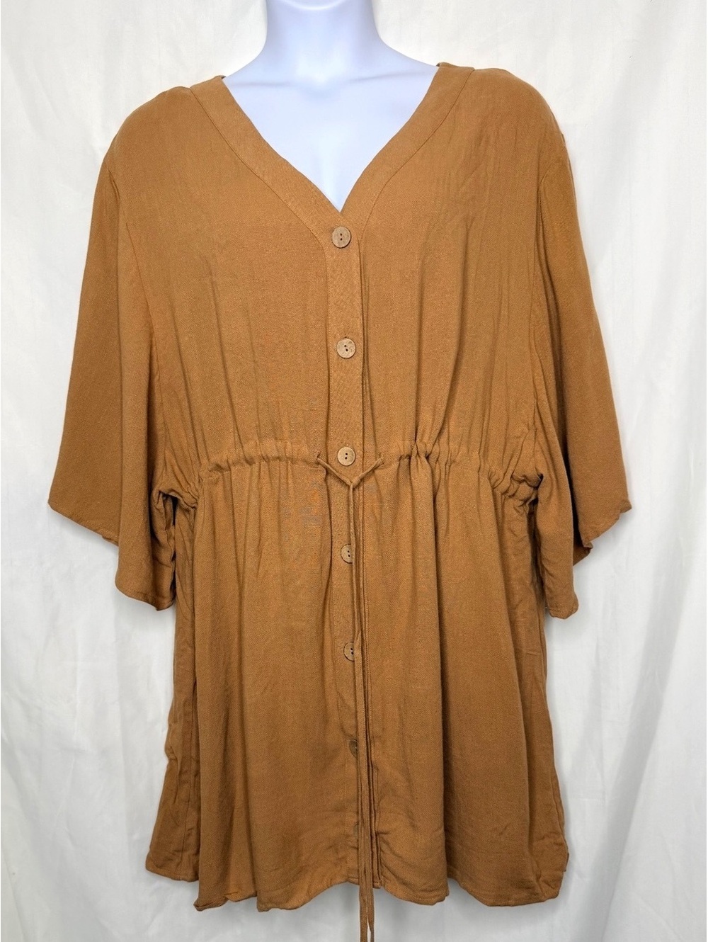 Chic Soul Linen Viscose V Neck Button Front Tie Waist Tunic 3X
